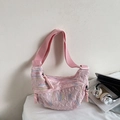 Pink quilted crescent crossbody bag with wave embroidery and wide strap for women - Pink Small
