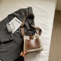 Vintage sage green and brown leather bucket bag with retro woven wide shoulder strap - Beige Brown Without Pendant