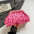 Pink leopard print knit crossbody bag with a metallic chain strap for women - Pink