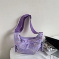 Purple quilted crossbody bag with colorful wavy embroidery and wide nylon strap - Lilac Small