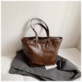 Large dark brown tote bag in premium faux leather with vertical stitching for work - Light Coffee