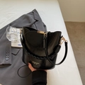 Fashionable black PU leather bucket bag with gold hardware and woven details - Black (Without Charm)