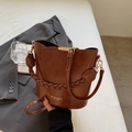 Brown lychee-grain PU leather bucket bag with woven handle and gold brand logo - Brown (Without Pendant)