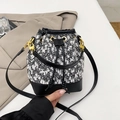 Secchiello alla moda in tweed bianco e nero con dettagli in pelle e finiture dorate - Nero