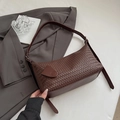 Dark brown woven shoulder bag in premium PU leather with vintage texture and strap - Brown