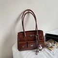 Vintage brown leather tote bag with functional pockets and a cute puppy keychain charm - With Pendant / Brown