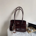 Vintage burgundy glossy leather tote bag with functional pockets and dog charm - With Pendant / Burgundy