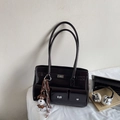 Glossy dark brown tote bag with three front pockets and a cute puppy charm - With Pendant / Coffee