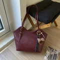 Minimalist wine red PU leather tote bag with a cute bear charm and golden hardware - With Charm / Burgundy