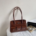 Vintage braune Leder-Einkaufstasche mit Taschen und silbernem Drehverschluss-Detail - Ohne Anhänger / Braun