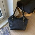 Chic black PU leather tote bag with gold buckle straps for modern autumn casual fashion - No Pendant / Black