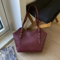 Deep burgundy tote bag with gold metal buckles and fine leather texture for women - No Pendant / Burgundy