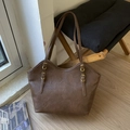 Brown faux leather tote bag with vintage texture and gold adjustable buckles on strap - No Pendant / Brown