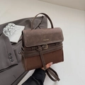 Brown vintage suede small square bag with top handle and crossbody strap for autumn - Brown