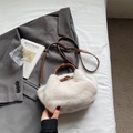 White faux fur bucket bag with brown leather handles and adjustable shoulder strap - White (Without Charm)
