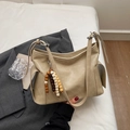 Beige faux leather hobo bag with cracked texture and colorful wooden bead charms - Creamy White (With Bead Pendant)