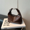 Dark brown woven leather handbag with metallic silver buckle and modern rounded silhouette - Coffee without Pendant