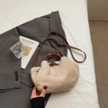 Beige faux fur bucket bag with brown leather handles and adjustable shoulder strap - Beige (No Pendant)
