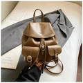 Detail of vintage dark brown faux leather backpack with metallic buckle front pockets - Khaki