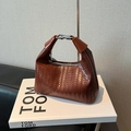 Brown woven leather shoulder bag with fine texture and stylish metal buckle closure - Brown No Pendant