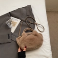 Brown faux fur bucket bag with leather handles and crossbody strap for autumn 2025 - Khaki (Without Charm)