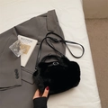Fashionable black faux fur bucket bag with leather handles and crossbody strap - Black (Without Charm)