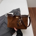 Dark brown suede tote bag with quilted diamond pattern and elegant gold turn-lock - With Charm / Brown
