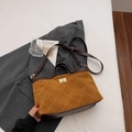 Brown faux suede crossbody bag with diamond quilting and gold metallic twist lock - No Pendant / Brown