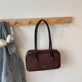 Brown suede underarm shoulder bag with black tubular handles and bead details - No Pendant / Brown