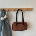 Brown suede underarm shoulder bag with slim black handles and golden brand logo - No Pendant / Brown