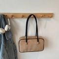 Minimalist light brown suede shoulder bag with thin black straps and wooden bead accents - No Pendant / Khaki