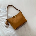 Brown suede and leather bucket bag with gold metal twist lock and cute plush charm - With Charm / Brown