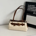 Sac sous le bras bicolore crème et marron foncé avec boucle en métal chic - Blanc Cassé Sans Pendentif