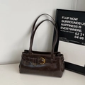 Sac à épaule vintage marron foncé en cuir PU avec boucle dorée et doubles bandoulières - Café sans pendentif