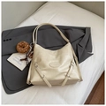 Retro cream white large capacity tote bag with minimalist logo and metal buckle detail - With Pendant / White
