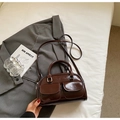 Minimalist deep brown patent leather Boston bag with shiny finish and cross-body strap - Coffee without Pendant
