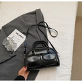 Glossy black retro Boston bag with silver hardware and dual front pockets - Black without Pendant