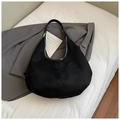 Large black faux suede hobo shoulder bag with elegant vertical stitching details - Black