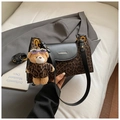 Leopard print crossbody bag with black leather flap and cute bear charm pendant - Black with Pendant