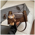 Brown leather crossbody bag with leopard print accent and cute bear charm pendant - Coffee with Pendant