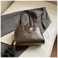 Dunkelbraune Retro PU-Leder Boston Tasche mit vorderem Druckknopffach und feinen Trägern - Kaffee ohne Anhänger