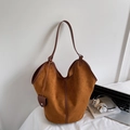 Brown vintage suede tote bag with leather trim and matching detachable pouch - Coffee