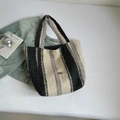 Striped plush tote bag in black and grey fleece with a metallic tag logo - Beige Black Gray Striped / Beige