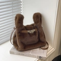 Fashionable brown plush shoulder bag with silver metal buckle and soft furry texture - Brown (Without Pendant)