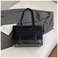 Elegant black quilted tote bag with textured faux leather finish and gold bottom studs - Without Pendant / Black