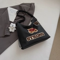 Schwarze Canvas-Einkaufstasche mit 3D-Stickerei, Silberkette und süßem Hund-Anhänger - Schwarz