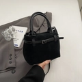 Close-up of black frosted leather texture on minimalist handbag with metal buckle detail - Black