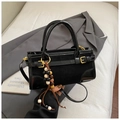 Minimalist black baguette bag with suede texture and chic gold hardware accents - Black (with Pendant)