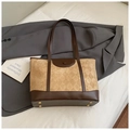 Retro patchwork tote bag with diamond stitching and dark brown leather handles - Without Pendant / Khaki
