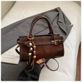 Dark brown suede and leather Boston baguette bag with decorative beaded tassel - Coffee (With Pendant)
